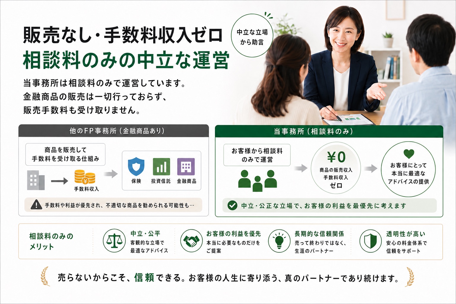 販売なし・手数料収入ゼロ — 金融商品販売の手数料を受け取らない、相談料のみの中立な運営